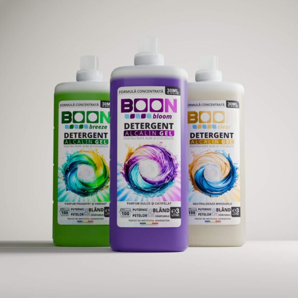Discovery Box BOON cu trei sticle de detergent lichid de 3L: Bloom, Breeze și Clear, așezate una lângă alta