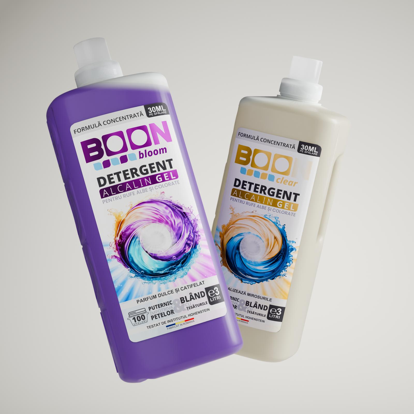 Pachet BOON Bloom 3L + Clear 3L – detergent lichid Pachet detergent lichid BOON Bloom 3L și Clear 3L: o sticlă mov și una albă