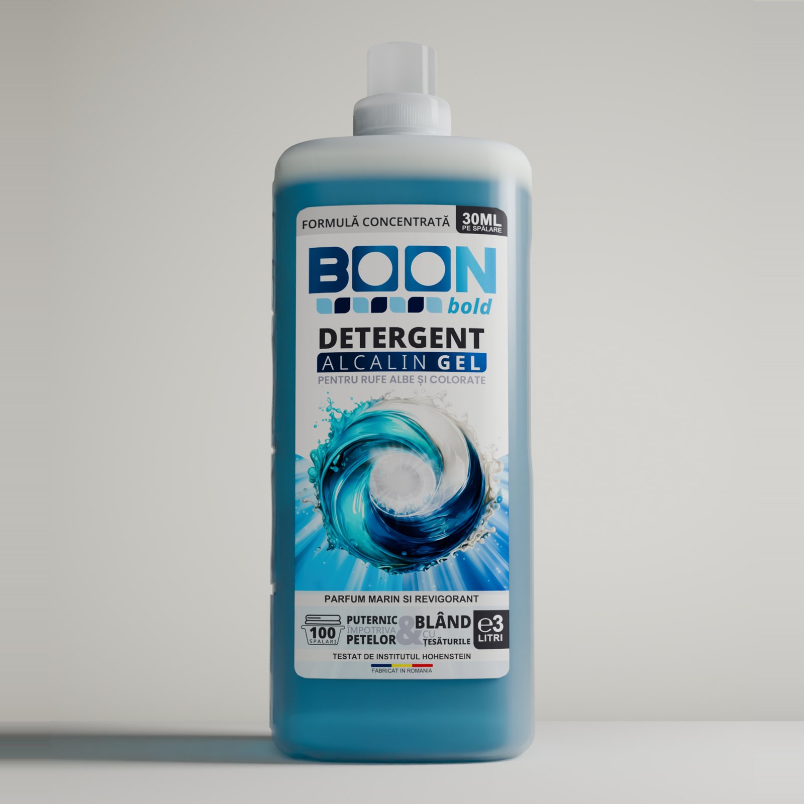 Detergent lichid pentru rufe BOON Bold 3L – 100 de spălări Detergent lichid pentru rufe BOON Bold 3L, sticlă albastră așezată vertical, 100 de spălări